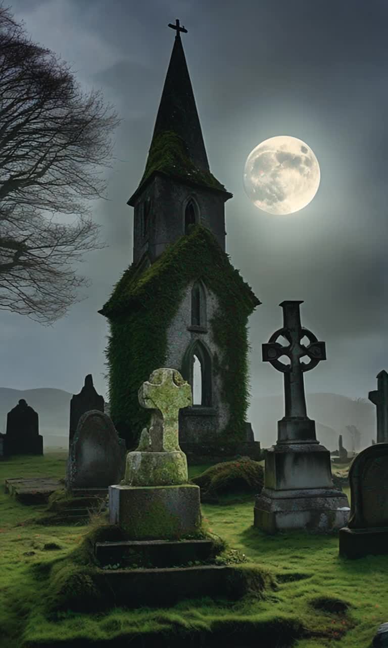An ancient misty weed choked graveyard with an ancient stone church in Ireland the graveyard has beautiful marble moss covered stone statuary coming to life walking around the sky is a dramatic and holds a beautiful full moon