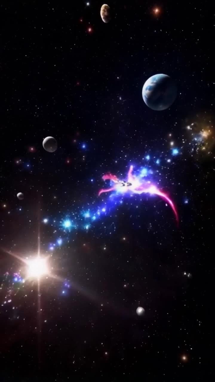 Celestial warrior gliding effortlessly among shimmering galaxies vibrant energy radiating from every movement. Twirling and weaving through cosmic dust and starlit trails orchestrating harmonious symphonies of planets and stars. Expansive universe stretching endlessly filled with swirling nebulae and glistening supernovae casting ethereal glows across the void