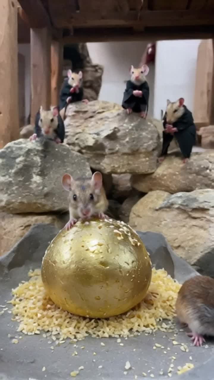 Mouse adorned in a tiny Hogwarts robe sprinting with determination towards a golden dragon egg crafted from Swiss cheese dotted with playful holes surrounding a rocky enclosure vibrant with boulders other mice perched atop rocks watch in awe their little eyes gleaming with excitement dressed in miniature black robes whispering spells in anticipation of the magical event unfolding