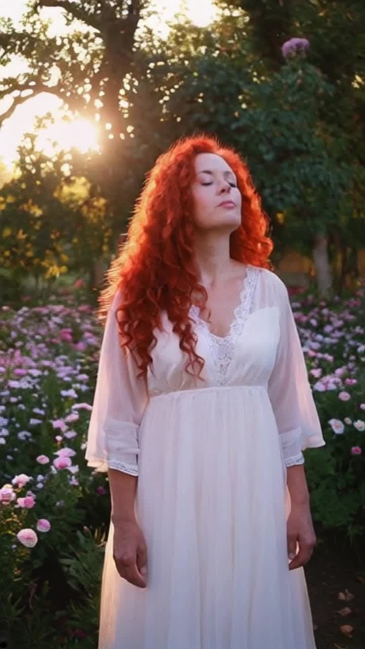 Captivating crimsonhaired woman adorned in a flowing sheer white dress exuding elegance wisps of vapor curl delicately from her lips as she exhales with grace tranquil garden filled with blooming flowers and gentle sunlight filtering through lush green foliage creating an enchanting atmosphere of serenity