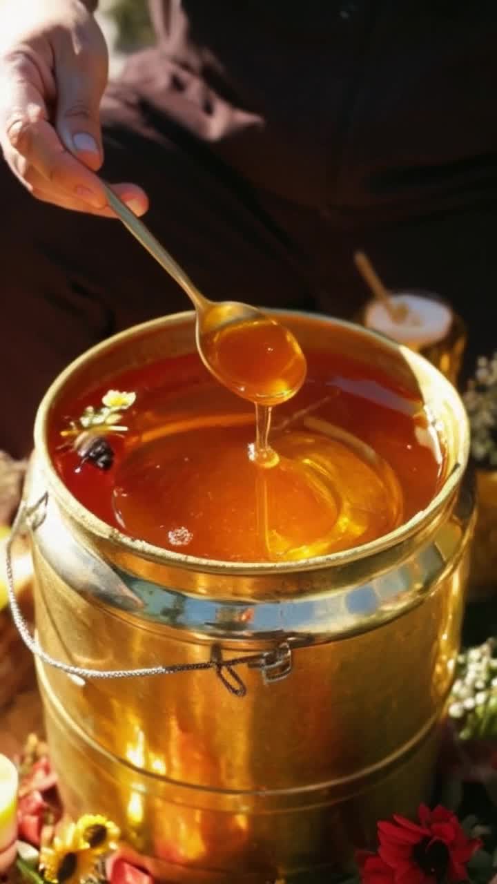 Golden barrel overflowing with luscious honey glistening in sunlight playful bee buzzing gracefully above honey swirl spoon dipped gently into sweetness aura of a festive church holiday vibrant colors warm light illuminating joyful decorations enchanting atmosphere of Honey Savior surrounded by blooming flowers and flickering candles a soft melody of laughter and whispers fills the air capturing a moment of celebration and community