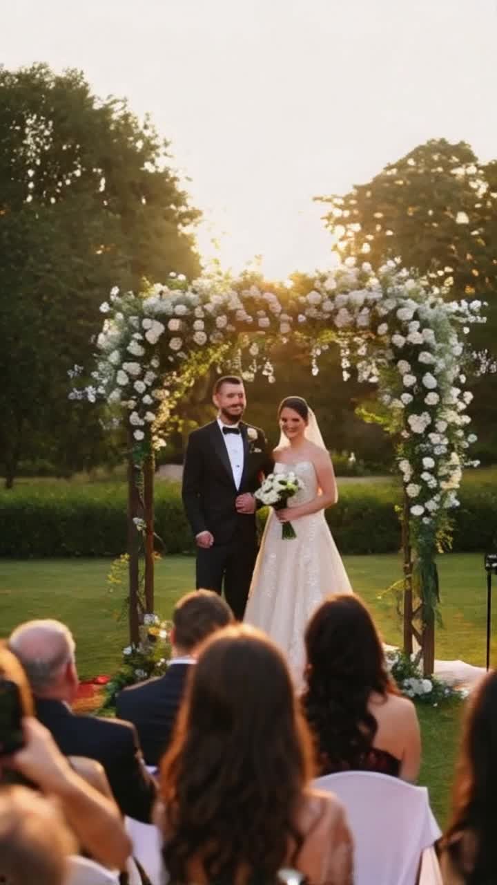 Salman Khan in a dazzling tuxedo with Mia Khalifa in an elegant gown radiating charm standing under an extravagant floral arch adorned with vibrant roses and cascading greenery exchanging vows Guests cheer joyfully capturing the moment on their phones as a string quartet plays softly nearby Glimmering fairy lights twinkle above illuminating the picturesque UK garden venue surrounded by lush hedges and blossoming trees A gentle breeze rustles leaves adding a magical ambiance as the sun sets casting a warm golden glow over the celebration creating an unforgettable memory filled with love and joy