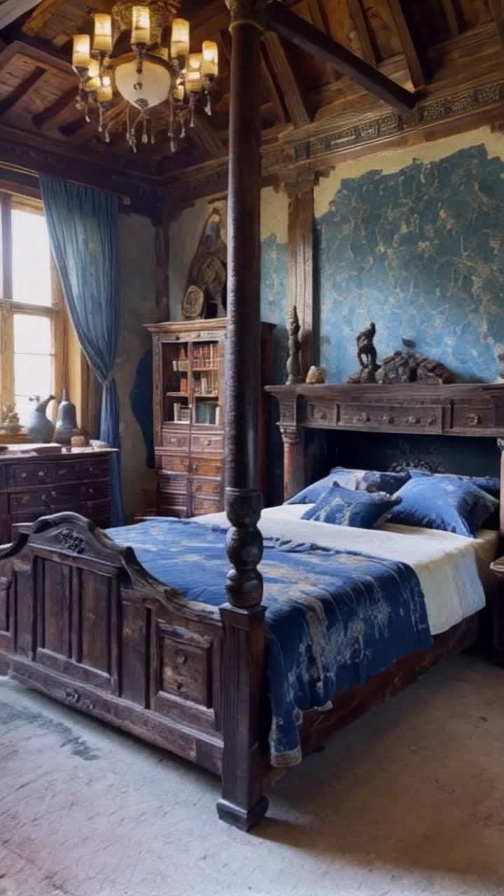  A replendant ancient English bedroom with beautiful wooden panneled walls and dusty crumbling wall hangings of predominantly blue There is a huge wooden four poster bed with rotting  blue brocade fabric on the bed and on the bed frame There is  a huge black  marble fireplace mantle with columns, there are  wooden carved dressers topped with marble and ornate wooden cabinets and shelves with antique books, there are sculptures, pictures , and such details as large ceramic pitchers and bowls, chamber pots, a huge lovely antique wooden armoire dominates the room The windows are tall with leaden panes and rotted once rich looking dark blue velvet draperies swaying