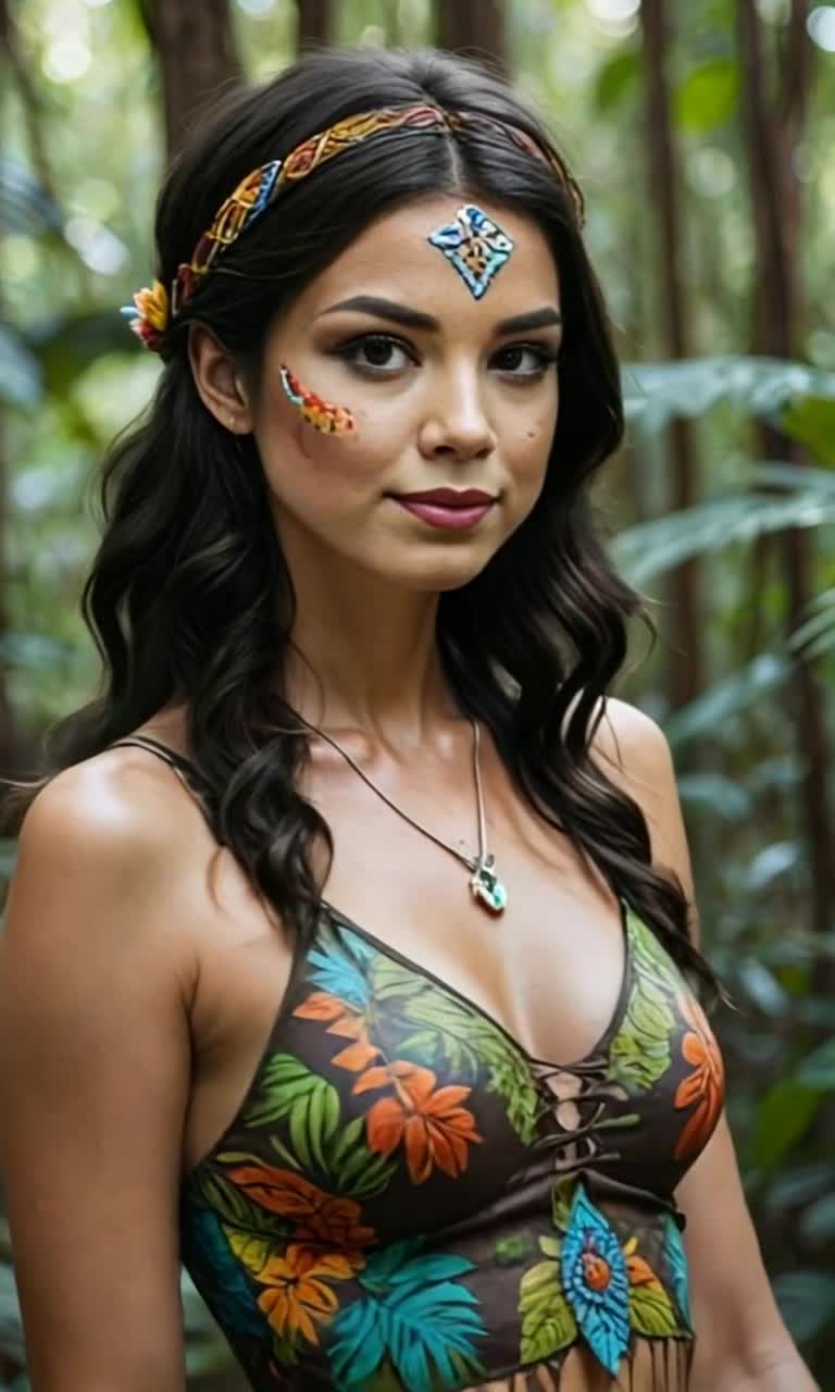 Elegant bohemian woman adorned in flowing fabrics vibrant patterns cascading around her movements Radiant smile dances across her face as she twirls gracefully among lush greenery Sunlight filters through thick canopies casting dappled shadows on her skin Exotic flowers bloom in vivid colors framing her silhouette while tropical birds flutter above creating a symphony of natures sounds