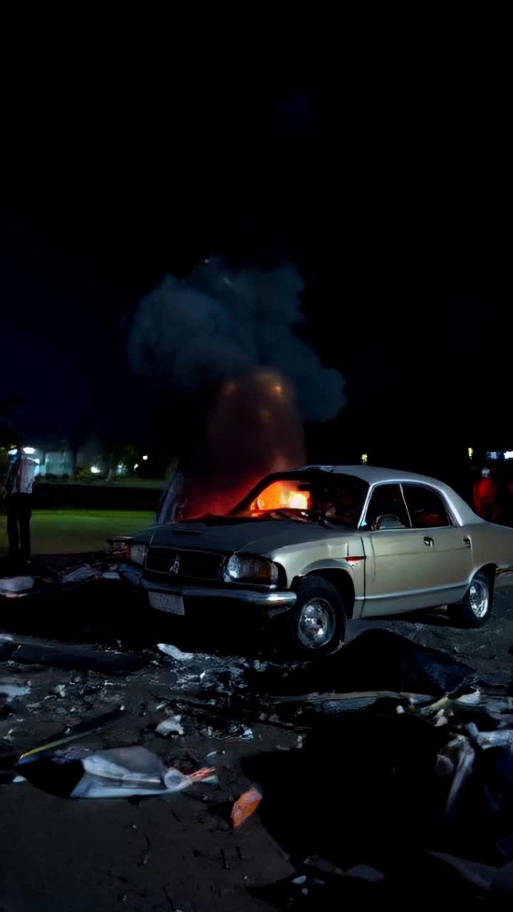 Classic Ford Pinto crumpling in fiery explosion Radiant fireballs soaring into darkened sky onlookers frozen in shock amidst chaos shattered glass and twisted metal illuminating night with orange glow