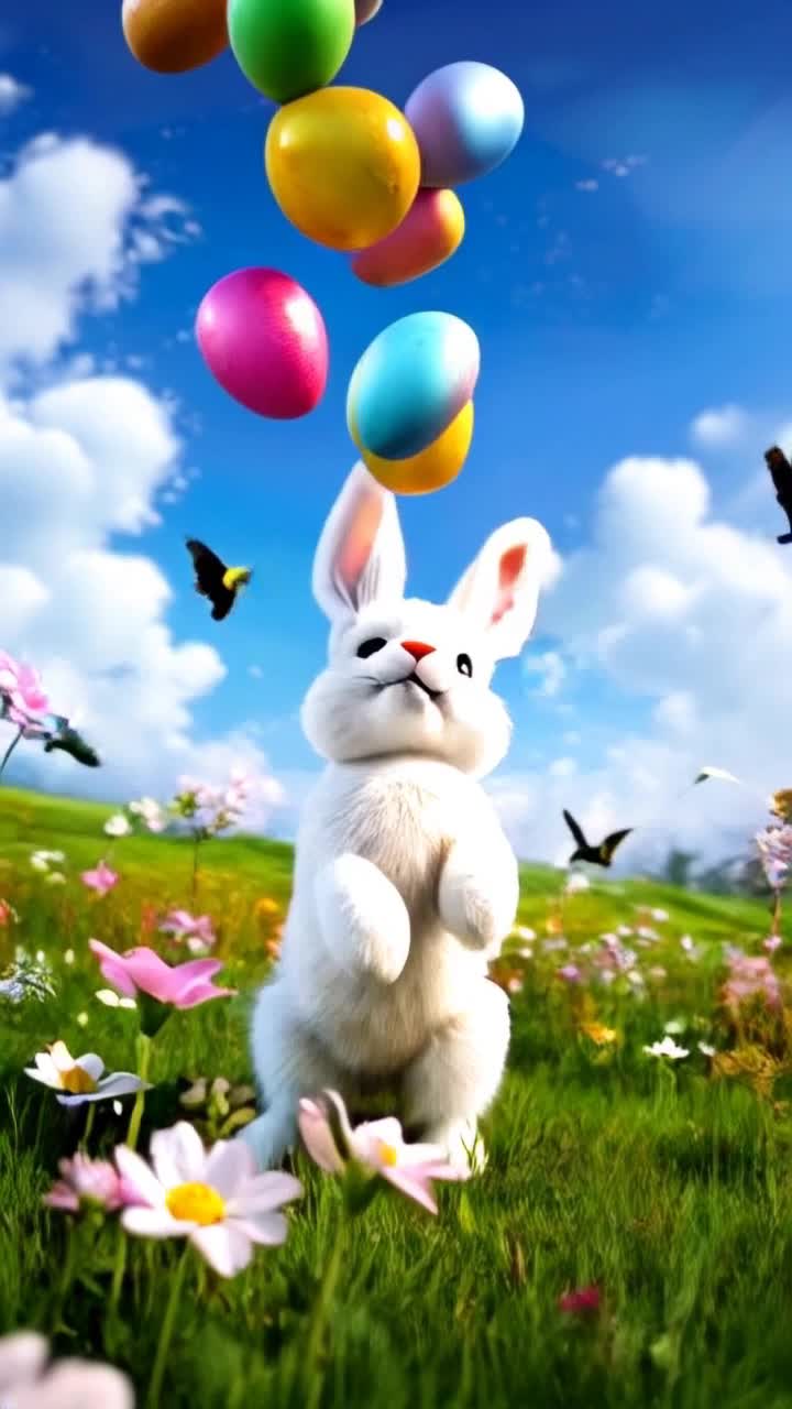 Vibrant Easter bunny with fluffy white fur and large expressive eyes expertly juggles a dazzling array of colorful eggs in midair Gleeful movements showcase playful agility as eggs dance between paws, reflecting radiant hues of pink yellow blue and green Lush spring meadow filled with blossoming flowers sways gently in the breeze under a clear blue sky sunlight dapples through fluffy white clouds casting cheerful shadows Nearby butterflies flutter gracefully adding to the enchanting atmosphere while a chorus of cheerful birds sings joyously celebrating the festive scene