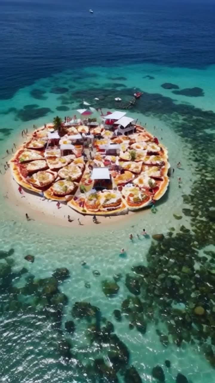 a party pizza island is surrounded by crystal clear waters, party pizza island is composed entirely of combination style pizza, dozens of party people are enjoying the pizza drenched beach and participating in various activities covered in pizza 