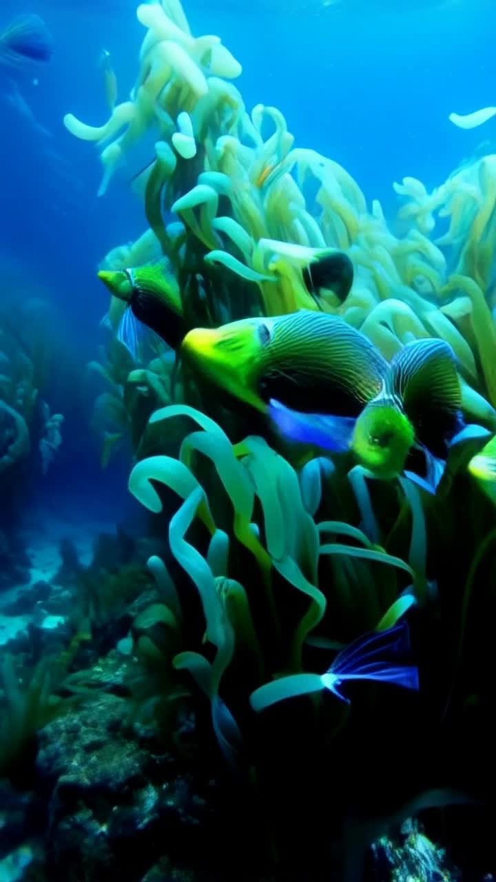 Electric seahorses frolicking among seaweed growing from seafloor, lots of action, Electric colors swirling as seahorses swim and swirl