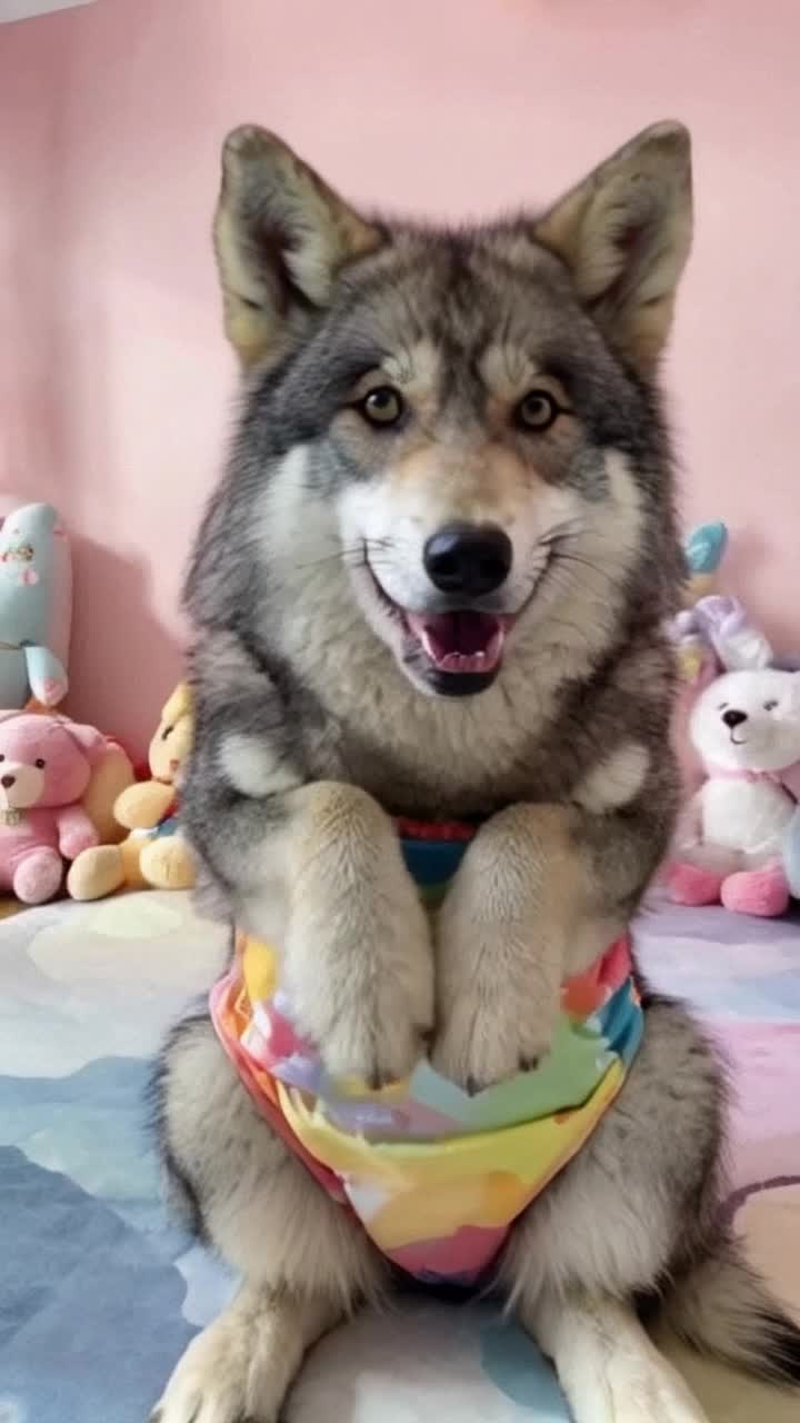 Anthro male wolf with expressive eyes fluffy gray fur and a playful demeanor eagerly secures a colorful nappy onto his waist gleefully giggling as he feels the soft fabric against his skin blissfully releases warmth filling the nappy with delight surrounded by a cozy room adorned with plush toys vibrant artwork soft pastel colors creating an inviting atmosphere that radiates joy