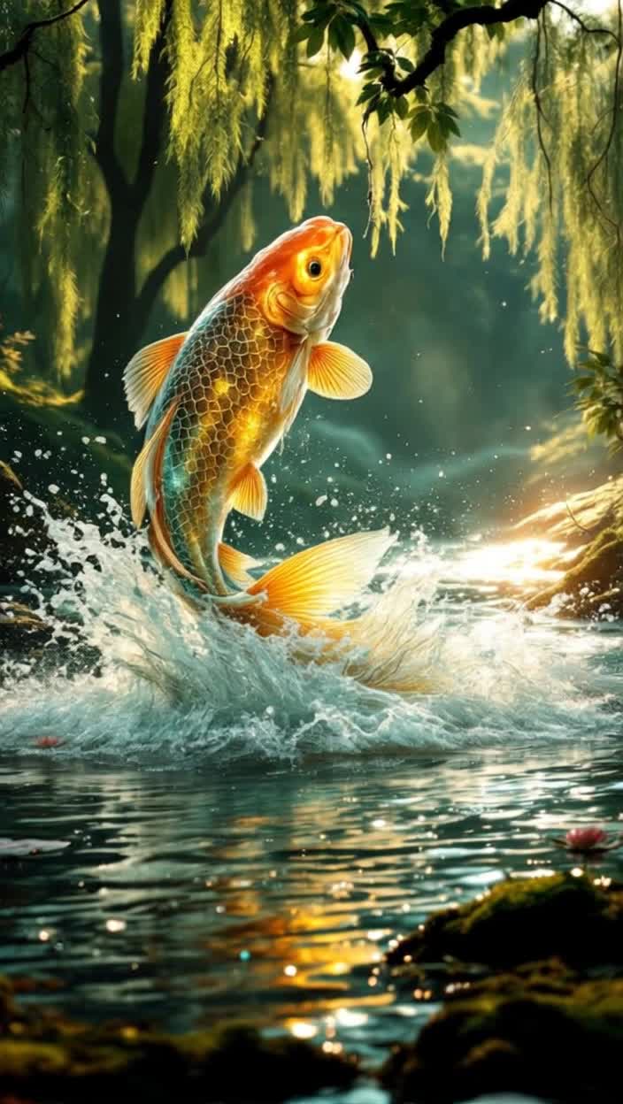 A small, mystical river in a lush, enchanted forest at golden hour Sunlight filters through the dense canopy of ancient oaks and weeping willows, casting long, dramatic shadows and dappled light on the waters surface The air is thick with mist ambient lighting rising from the cool, clear water Lush green moss covers the riverbanks, and vibrant water lilies float peacefully The atmosphere is tense with foreboding and magicPlot and ActionExtreme closeup, slowmotion shot of a tightly stretched fishing line A heavy, custommade fishing lure with intricate engraving and sharp, shiny hooks is partially submerged, creating a chaotic splash The water explodes in a chaotic spray of crystalclear drops, each one catching the golden light like diamonds The fishing rod, a beautiful vintage bamboo pole, is bent into a perfect, tense arc, its tip quivering with immense force The fishermans hands old, weathered, scarred, and with a leather bracelet grip the rod tightly, demonstrating an incredible struggleEscape  TurnFrom the center of the splash, a creature is seen, having just cast the hook, just leaping This is no ordinary fish This is a majestic, ancient River Spirit in the form of a massive, translucent koi carp Its scales are a living mosaic of liquid gold, motherofpearl, and emerald, shimmering with an inner light Its long, flowing fins and tail resemble ethereal silk, leaving phosphorescent particles in its wake in the water Triumph and defiance gleam in his intelligent, wise eye A single, gleaming fishhook is seen suspended in midair for a split second before falling from his jaws The spirit is depicted in a perfect, powerful arc, water flowing from his body as he begins his descent back into the depths, forever freeCinematic Style and DetailsStyle Photorealistic fantasy art, in the style of Greg Rutkowski and Ross TranLighting 3D god rays, cinematic lighting, golden hour, underwater caustics reflecting off the river spirits scalesDetails Hyperdetailed water texture, visible wood grain on the rod, every drop of water in perfect focus, intricate patterns visible on the River Spirits scales Depth of field is shallow, focus on the moment of escapeColor Palette Rich emerald greens, deep blues, warm golds and silversMood Epic, magical, tense and slightly melancholicKeywords epic fantasy, fishing, escape, river spirit, koi fish, slow motion, splash, cinematic, hyperdetailed, 8k, surround lighting, golden hour, enchanted forest, dynamic action, water drops, glow, scales, triumph, freedom, magical realism, Greg Rutkowski, Ross TranTell a story There is a beginning a tense fight, a climax a jump and a twist the mythical creature escapesSet maximum detail The smallest elements are described, like water drops and scars on the handsCreate dynamics The scene is not static it is a pivotal moment of struggle, frozen in timevolumetric lighting, cinematic, hyperdetailed