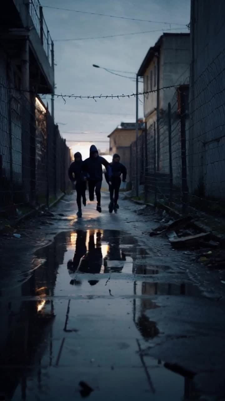 Identical twins in matching hoodies dart through a shadowy alley their synchronized strides creating a harmonious rhythm as they expertly weave beneath a menacing barbed wire fence jagged edges glinting under a sliver of moonlight damp pavement reflecting fleeting glimpses of their rapidly moving figures scattered debris whispering secrets of the night surrounding buildings loom like silent sentinels cloaked in darkness adding an air of mystery as echoes of their breaths punctuate the eerie stillness