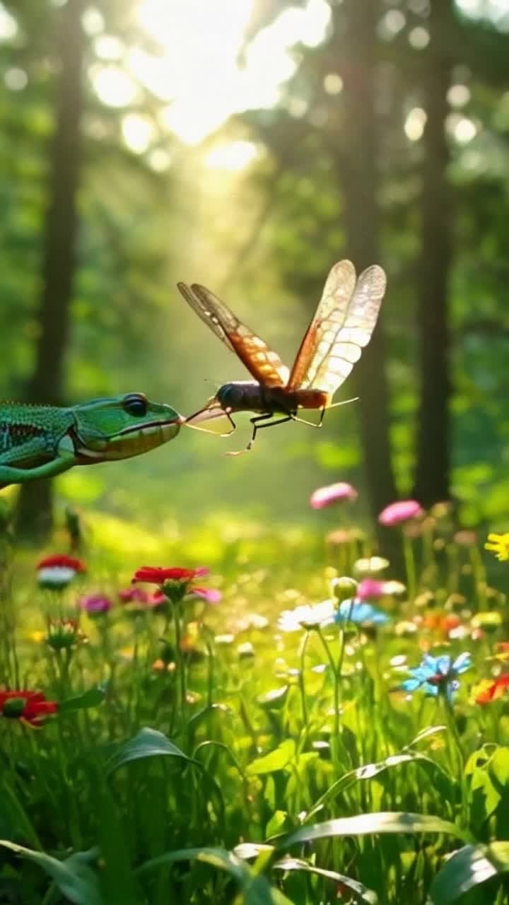 Elegant cricket with shimmering wings darts through air, evading flicking, vibrant tongue of a hungry chameleon. Lush green foliage sways gently in warm sunlight, casting playful shadows on the forest floor, colorful flowers peeking through dense underbrush, adding vibrant contrast to the scene as tension builds in this thrilling chase