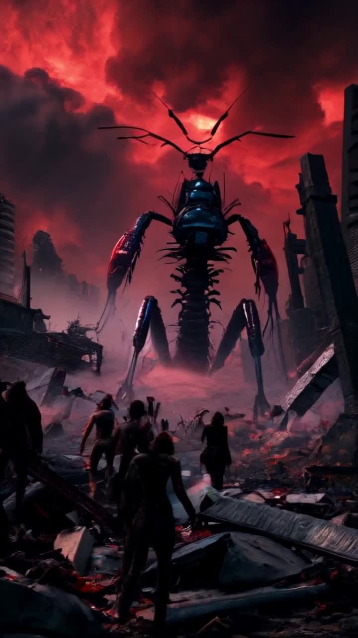 Colossal metallic ant towers above panicked crowds of humans in tattered clothes running frantically through chaos Brilliant blue laser beams pierce through the smokefilled air blasting towards desperate escapees Flames lapping at the debris creating an eerie glow in the apocalyptic landscape shattered buildings looming in the background silhouetted against a bloodred sky thick swirling fog enveloping the scene adding an ominous atmosphere as terrified screams echo in the distance