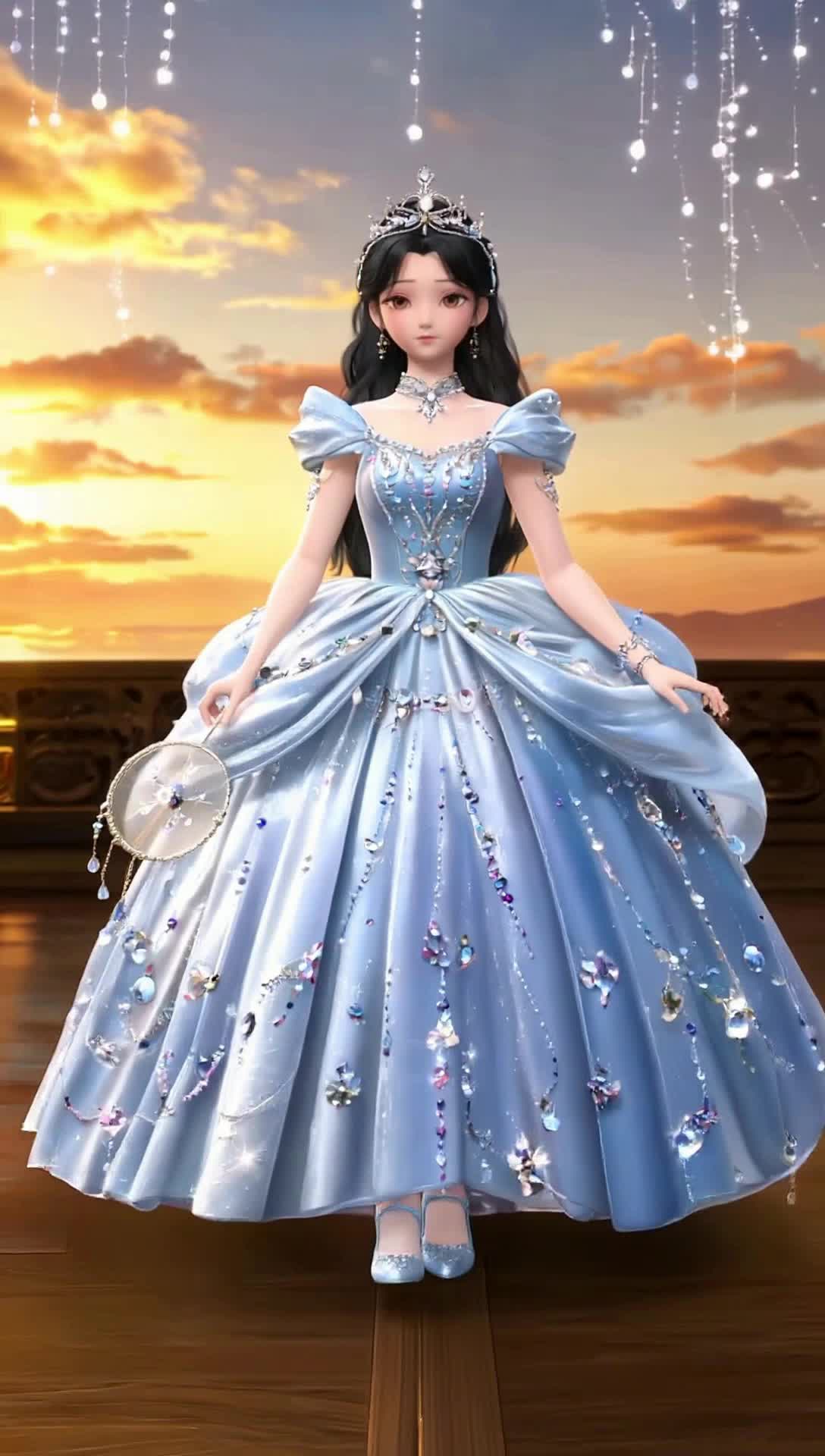 Cinderella needs her dress to match her glass shoes so the shoes should be a frosty blue pastel and the frosty pastel blue glass dress  of course it is layered glass beads that sparkle as sequin glitter, various tints that shimmer as day and early evening twilight sky, with clouds projecting as Cinderella enters the ballroom, clouds that fade for tiny star lights She enters the ballroom alone, opening a matching glass fan that exhibits an exact copy of her glass dress and glass shoes