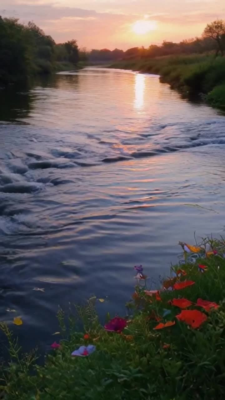 A serene river gently flowing with shimmering sunlight reflecting off its surface Soft ripples dance along the waters edge as colorful leaves drift gracefully A tranquil scene unfolds with lush greenery lining the banks and vibrant wildflowers swaying in a soft breeze Fluttering butterflies flit playfully above the water while distant birds sing melodiously Among swaying reeds a luminous sky stretches above painted with hues of orange and pink suggesting a sunset is nearing