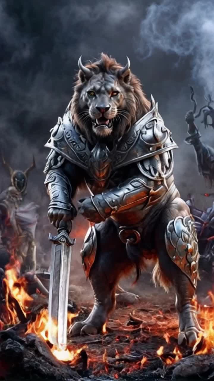 Majestic armored lion  in shimmering steel intricate designs fierce gaze wielding a mighty broadsword striking down a shadowy figure Man with a twisted expression standing in defeat ground ablaze with crimson flames billowing smoke swirling around grotesque figures tormented souls in the background highlighting tension primal chaos echoing in the air