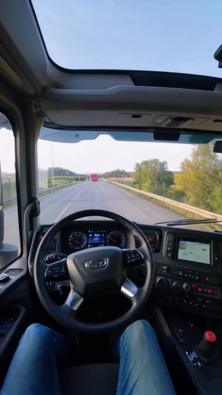 Im sitting behind the wheel of a massive luxurious tractermoterhome, a onepiece vehicle the shot is from inside the cockpit driving through Nashville Tennessee downtown on interstate 40 there are eight Lanes you can see plainly you can also plainly see the dashboard and the steering wheel but you cant see me you can only see my hands inyb a male, my hands are goldskinbcolorvnobrings you can clear to see through the windshield at least a half mile in front of me the headlights are on its
