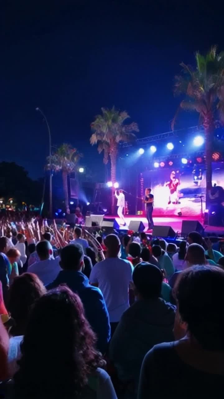 Puerto Rican singer Jory Boy radiating energy entrancing audience with passionate performance vibrant stage lights flashing around him crowds swaying under a starlit sky palm trees gently swaying in the warm breeze colorful street vendors bustling nearby rhythm of reggaeton echoing through lively plaza capturing the spirit of the island magic in the air