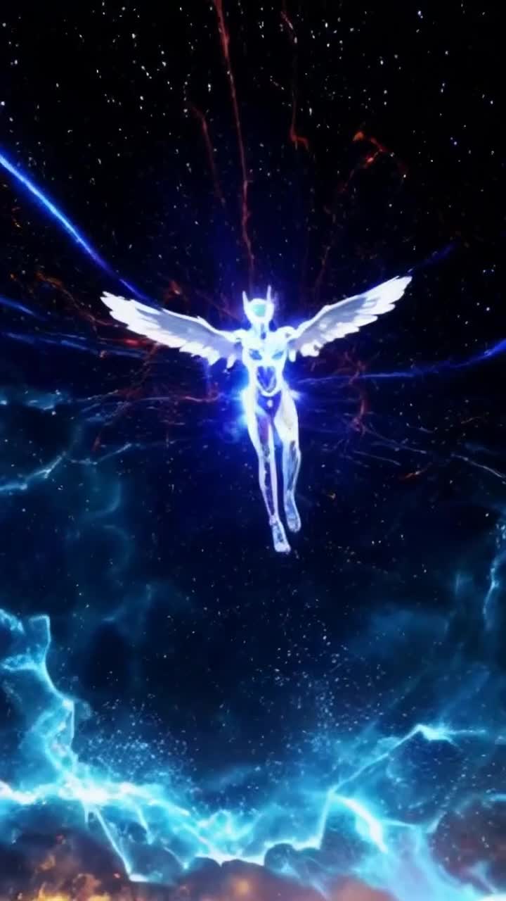 Raedetron the Ascended Master of vibration and electricity flys acrobatically through the air and lands on the ground in a hero pose and flexes his muscles unleashing waves of electricity 