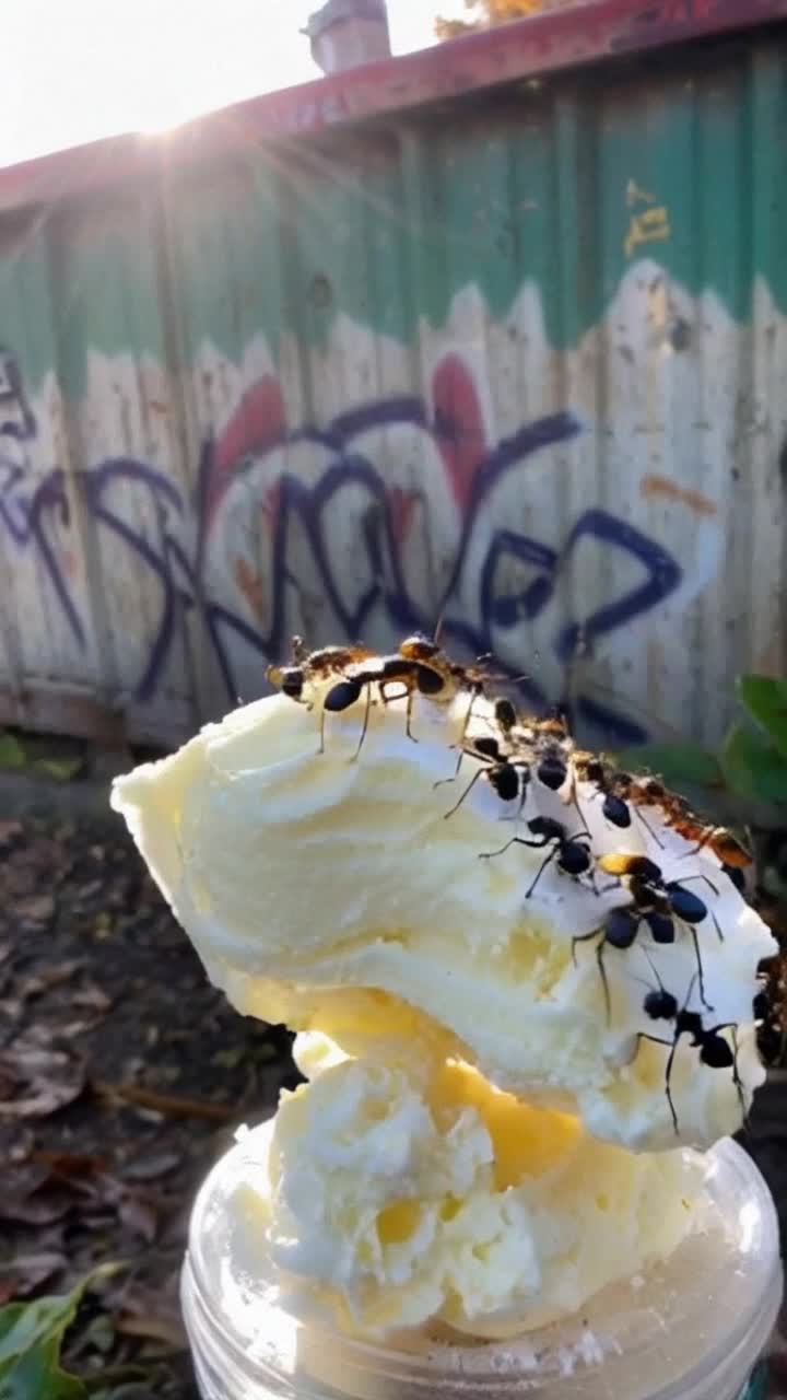 Swarm of tiny industrious ants bustling with purpose on colorful specks of sugary ice cream treasure atop a weathered dumpster Bright sunlight glistening off their glossy exoskeletons creating a mesmerizing dance of shadows around them Warm summer breeze rustling nearby leaves adding to the lively chaos in an urban alley sprinkled with vibrant graffiti artistry