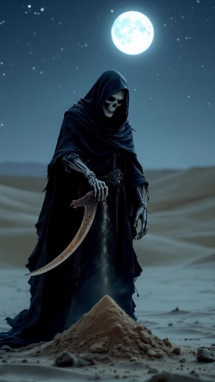 Sand through the hourglass, Death watching patiently, inspecting his scythe in the moonlight 