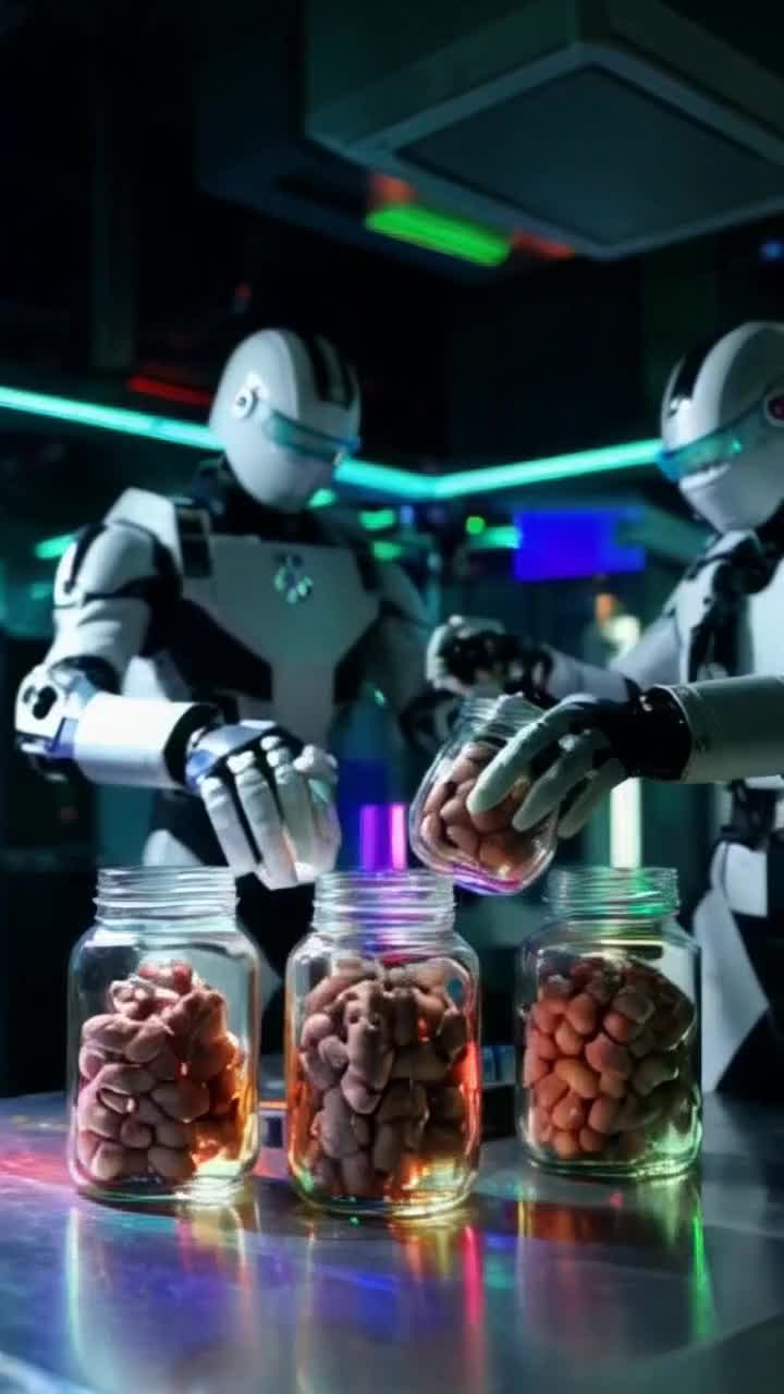 Cyberpunk futuristic robots machines future lab brains in jars science fiction experiments medical robotic machine laboratory cybernetic cyborgs with a brain in a jar