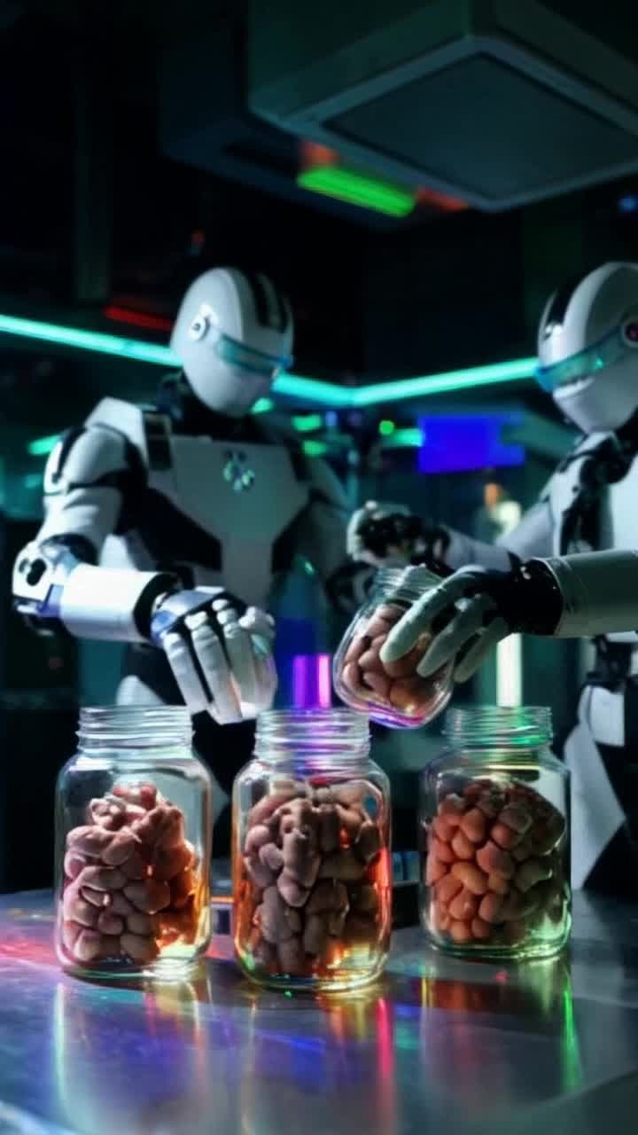 Futuristic robots meticulously assembling glowing jars of pulsating brains  Harmonious whirring sounds fill air as mechanical arms move with precision  High-tech laboratory illuminated by vibrant neon lights casting colorful reflections on sleek surfaces