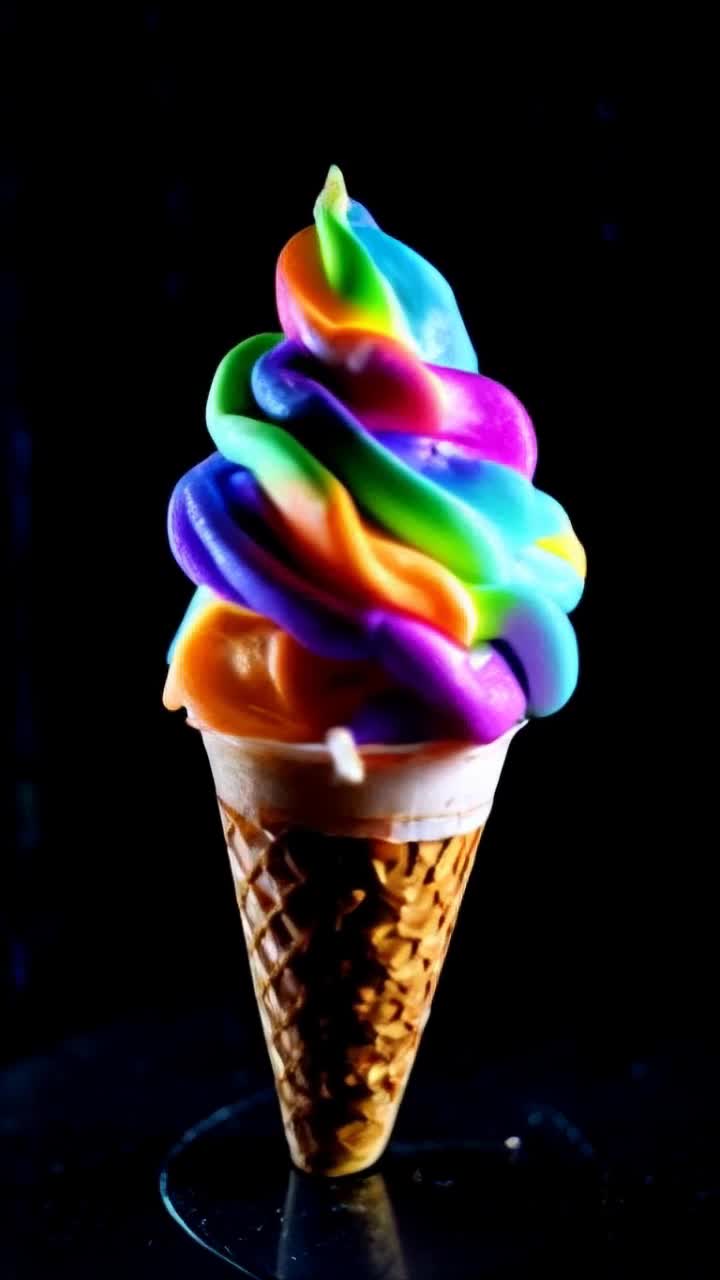 Multicolored psychedelic softserve ice cream cone, twirling, dancing radiating neon psychedelic colors, mind blowing intensity, Extremely beautiful and colorful 