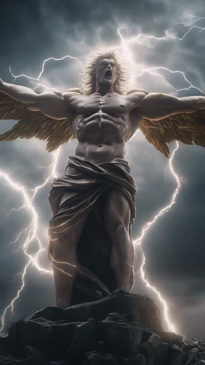 Mighty angel of destruction towers with chiseled muscles glistening under a darkened sky fierce expression etched across his face bold stance radiating power celestial energy crackling at fingertips prepares for cataclysmic strike Earth guardians emerge from swirling mists resolute figures cloaked in vibrant armor wielding ancient artifacts standing defiantly amidst the chaos vibrant flashes of light illuminate the battlefield craggy mountains rise in the background storm clouds roil with electricity tension thick in the air as two forces prepare for an epic confrontation