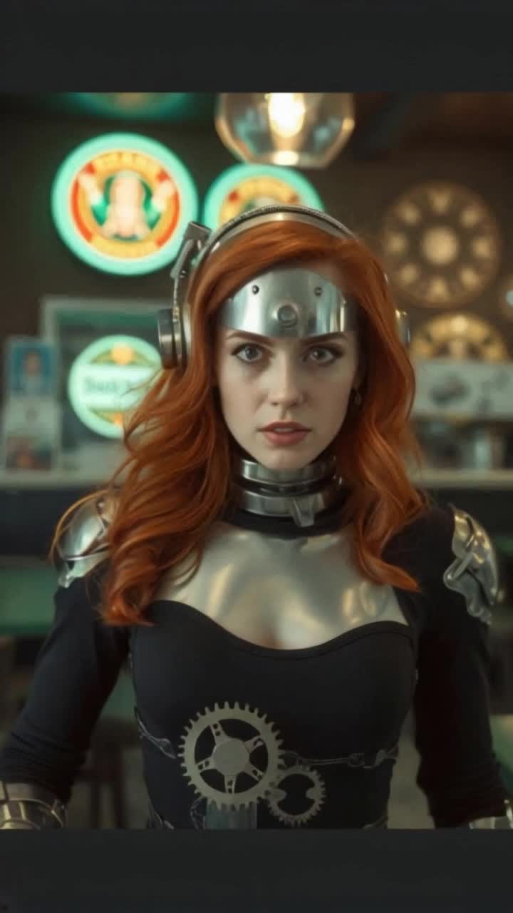 A beautiful red head woman, as a robot, siver metal and working gears visually as her body, she angrily walks, a Tim burton background, she waitresses robotically, at an apartment, serving food as people take advantage of her