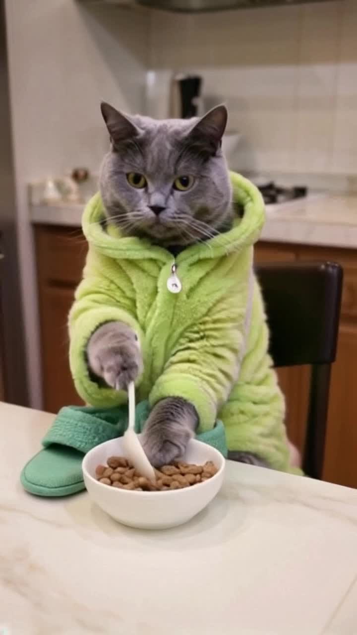 The uniform of a gray tabby housecat, wearing a bright green terry cloth robe and matching slippers on hind paws, sitting in a chair like a human at a kitchen table with a bowl of kitty kibbles and a spoon, the cat gently swings her feet in a relaxing manner