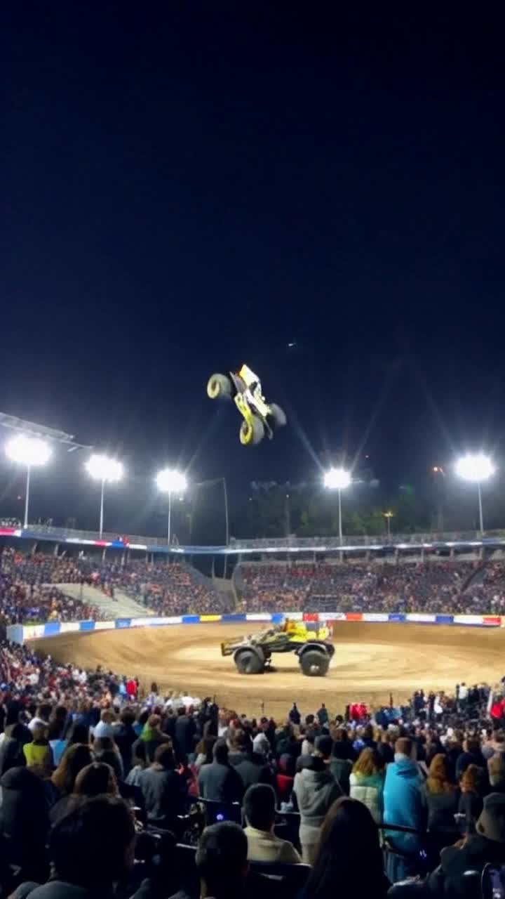 Colossal monster trucks with gigantic wheels spinning wildly in colorful patterns Thrilling jumps and gravitydefying flips soaring through the air Vibrant stadium filled with excited fans roaring in anticipation beneath a dazzling night sky illuminated by bright lights