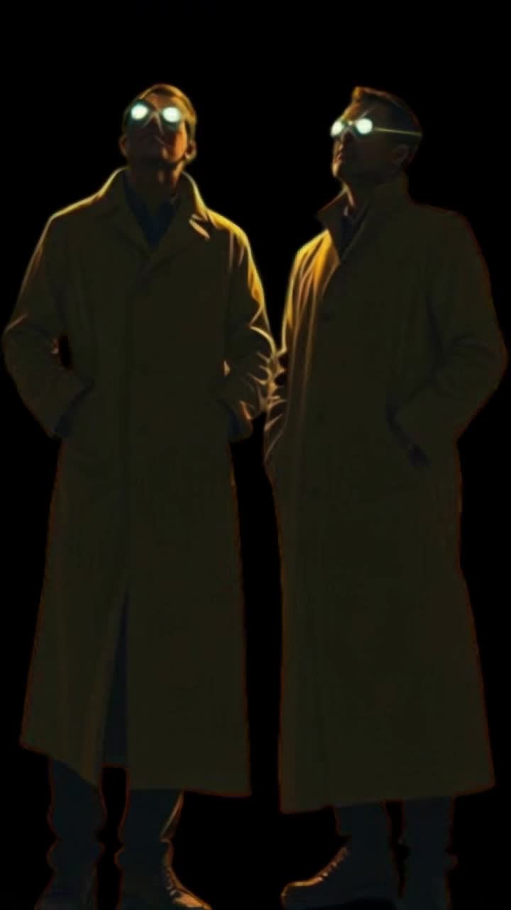 Vintage animation of two men in trenchcoats each wearing bright glowing thick glasses, both of them slowly looking back and forth into the black night sky at a syncronized pace as distant beams of search lights rise up from mountain silhouettes in illuminating in the dark infinite distance