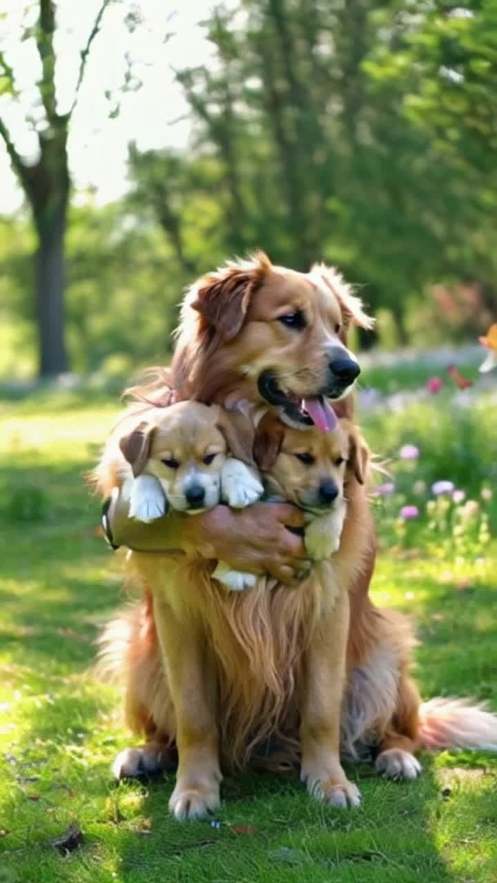Loyal dog with fluffy fur cradles her playful puppies snuggled close in lush green grass vibrant blooms surround them soft sunlight filters through swaying trees casting gentle shadows playful tails wagging and tiny paws exploring nearby colorful butterflies flutter by creating a lively scene of joy and warmth