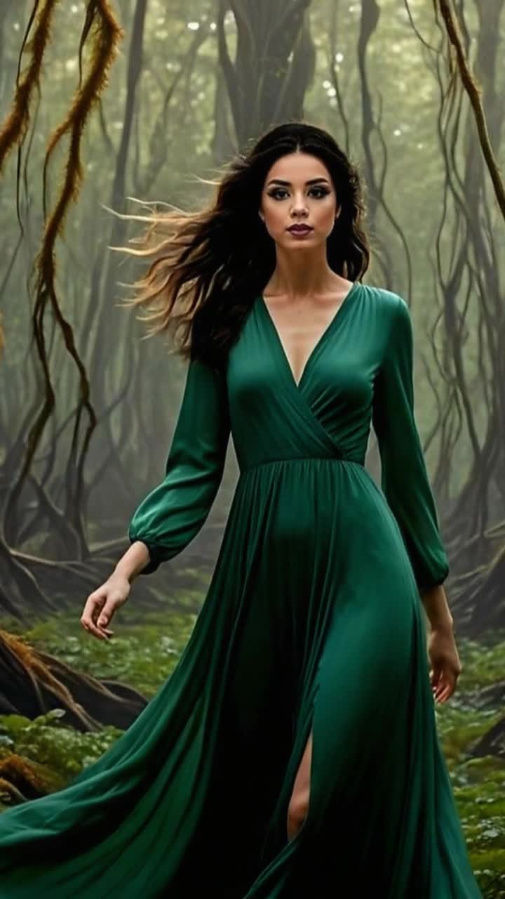 Graceful woman adorned in flowing silk gown strides through misty surreal forest with ancient twisted trees ethereal light filtering through dense canopy enchanting shadows dance around her delicate figure deep green foliage glistening with dew haunting whispers of nature echoing in the air captivating stillness enveloping the scene serene yet mysterious ambiance surrounding her every step immersing viewer in otherworldly enchantment