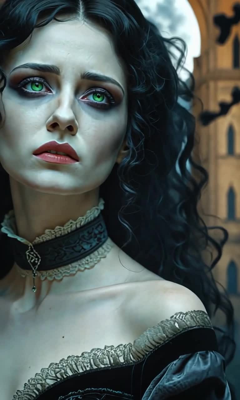 Woman with cascading black hair adorned in gothic attire pours her heart into a haunting melody Voice echoes powerfully like thunder resonating through a desolate forest Shadows dance around her as dark clouds swirl overhead Moonlight breaks through the branches illuminating her somber expression Eerie whispers carried by the wind enhance the atmosphere, creating an otherworldly vibe Mist rolls in from hidden depths, cloaking the scene in mystery Spectacular gothic architecture looms in the background, towering spires piercing the night sky Enchanting yet mournful energy envelops every note as she captivates unseen spirits