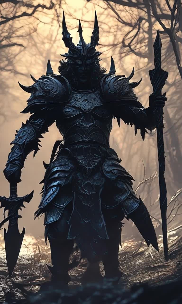 A lone warrior clad in ornate armor with gleaming weapons lunges forward with fierce determination Energy radiates in vibrant waves illuminating dark silhouettes of menacing demons and shadowy witches their grotesque features twisted in malice Desperate attempts to extinguish the warrior's light clash against an unyielding spirit as shadows writhe in an eerie forest backdrop filled with gnarled trees and flickering mist creating an atmosphere thick with tension and magic