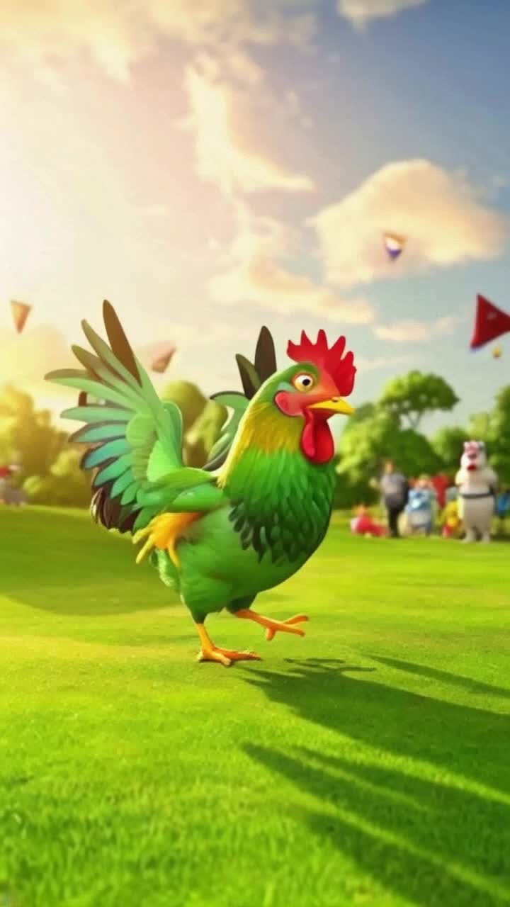 Vibrant green chicken flapping its colorful wings Frantically attempting to catch a glossy football slipping through slick feathers Lush grassy field bathed in warm sunlight surrounded by cheering cartoon animals vibrant kites soaring in the clear blue sky