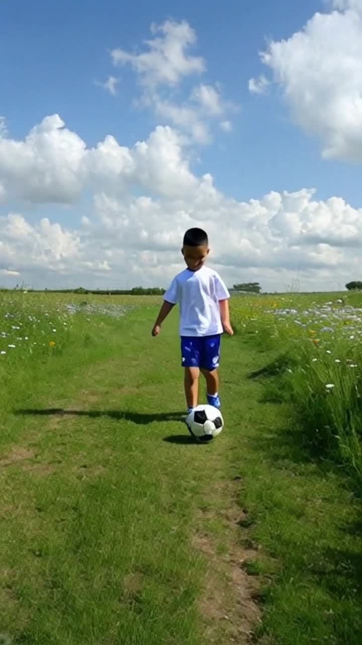 Un joven apasionado con una pelota de ftbol brillante en sus manos mostrando una sonrisa radiante driblando con destreza mientras corre libremente por un campo verde vibrante lleno de flores silvestres bajo un cielo azul despejado con nubes esponjosas en un da soleado creando un ambiente alegre de energa y diversin