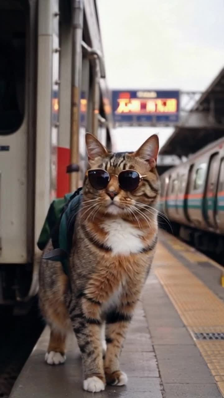 Stylish brown cat adorned with sunglasses vibrant backpack and tourist cap steps out of train at bustling Jammu railway station Cat glances around excitedly ears perked up in anticipation Lively atmosphere filled with chatter and laughter Station board gleaming with Jammu in bold Hindi and English hues Nearby chirping birds flit about while rhythmic train sounds echo in the air as passengers bustle around creating a vibrant travel scene