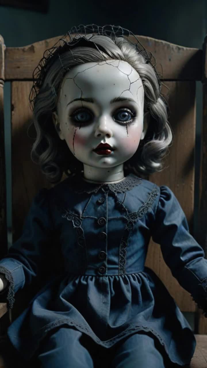 A dimly lit, abandoned Victorian nursery cloaked in shadows A cracked porcelain doll sits slumped in a rocking chair, its glassy eyes reflecting faint candlelight Around it lie old, dustcovered toyseach subtly decayed by time A withered handkerchief with faded bloodstains rests on a dresser A childs handprint stains the cracked wallpaper The room is enveloped by thick, unnatural darkness creeping in from the corners, as if alive A heavy sense of sorrow and dread hangs in the air, as if the objects themselves remember every tear and scream The atmosphere is gothic, sorrowful, and menacingperfect for a haunted relic scene