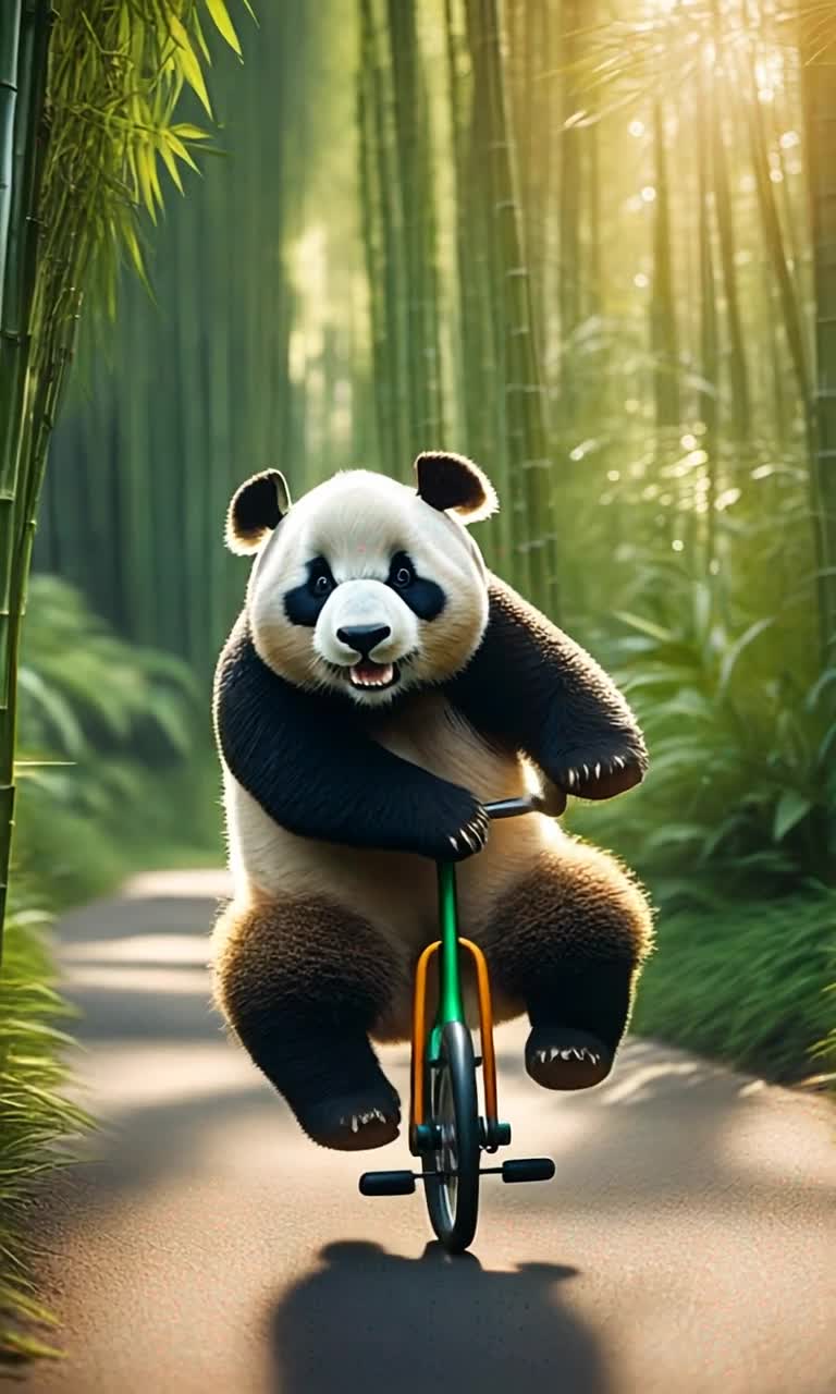 Fluffy panda expertly balancing on a shiny unicycle  Joyfully pedaling forward with playful determination  Vibrant green bamboo forest flourishing under soft sunlight