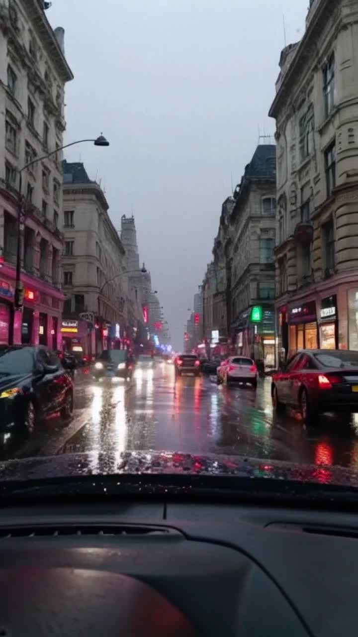 gleaming windshield adorned with delicate whispering dew drops shimmering in soft light vehicles gliding through busy traffic on rainsoaked London streets grey skies casting a moody atmosphere reflections of neon lights dancing on wet pavement