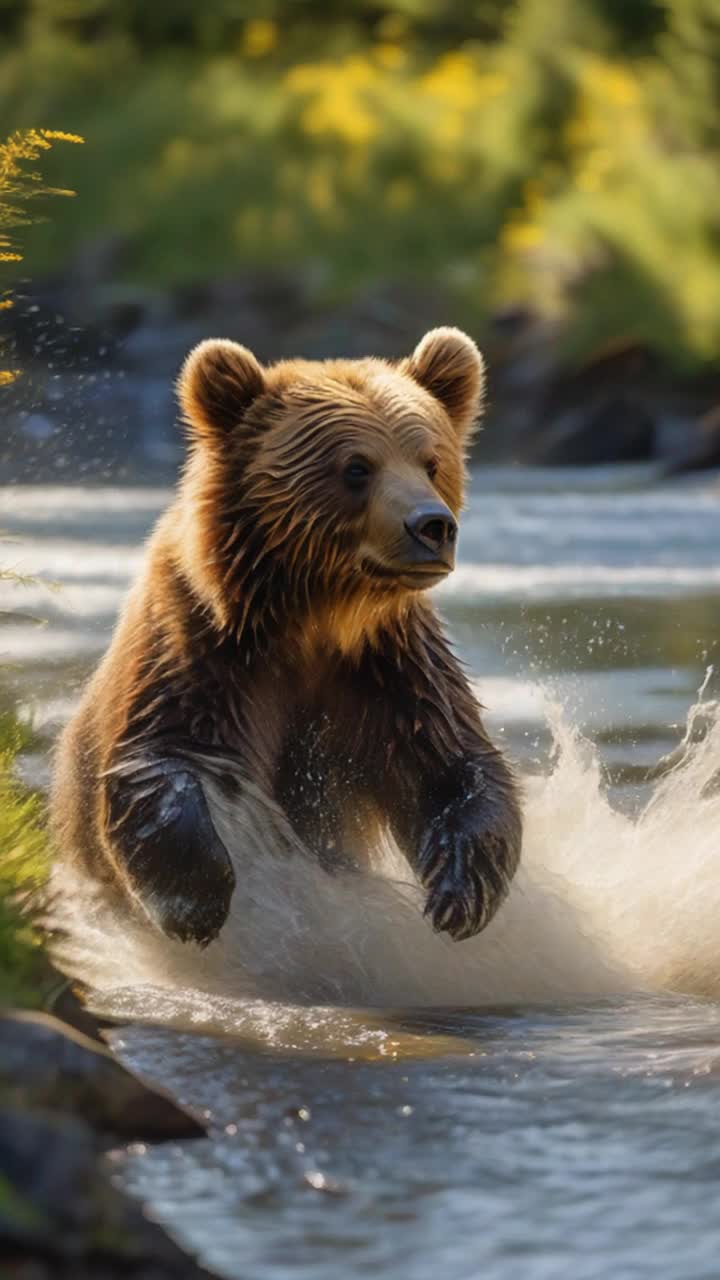 Playful Kodiak bear cubs tumble joyfully splashing in a shimmering stream Bouncing and darting through water as fish leap gracefully above the surface Massive Kodiak bear lounges contentedly on riverbank basking in warm sunlight Surrounded by vibrant wildflowers dancing gently in the soft breeze Hints of golden sunlight filtering through lush green trees illuminating tranquil scene Nature alive with sounds of splashing water and rustling leaves as bears frolic and relax amidst stunning wilderness