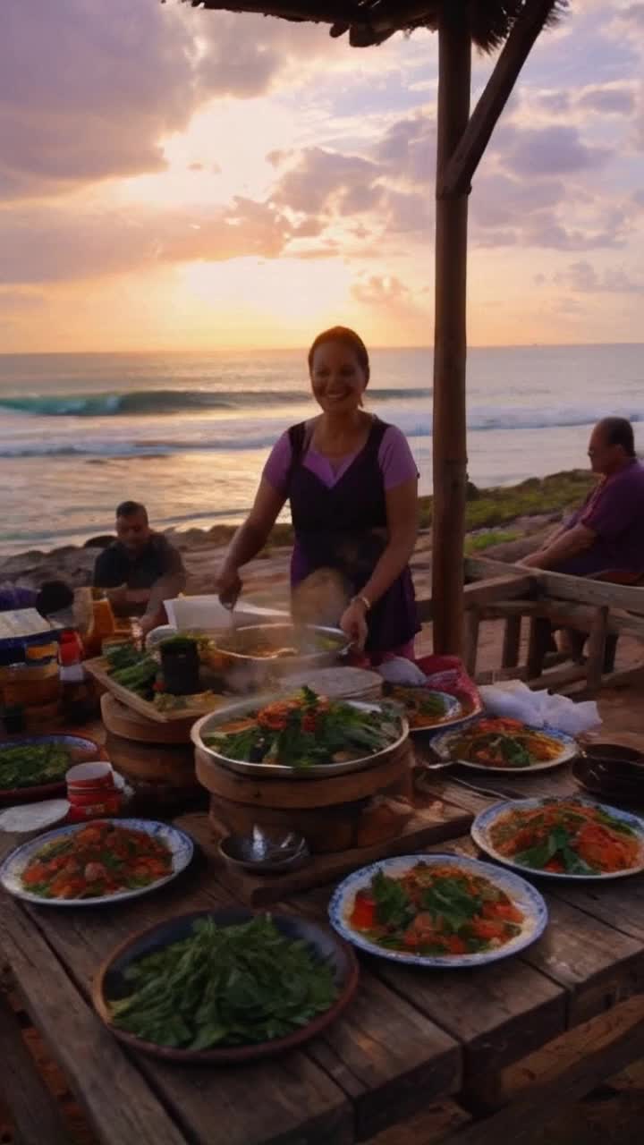 A woman with a warm smile standing behind a rustic wooden serving table adorned with colorful dishes steaming with fresh ingredients inviting laughter from a diverse group of locals engaging in animated discussions. Aromatic herbs and spices fill the air creating a sensational atmosphere buzzing with energy as golden rays of sunlight reflect off gentle waves in the background painting a serene sunset sky blending hues of orange and purple with tranquil ocean sounds enhancing the scene