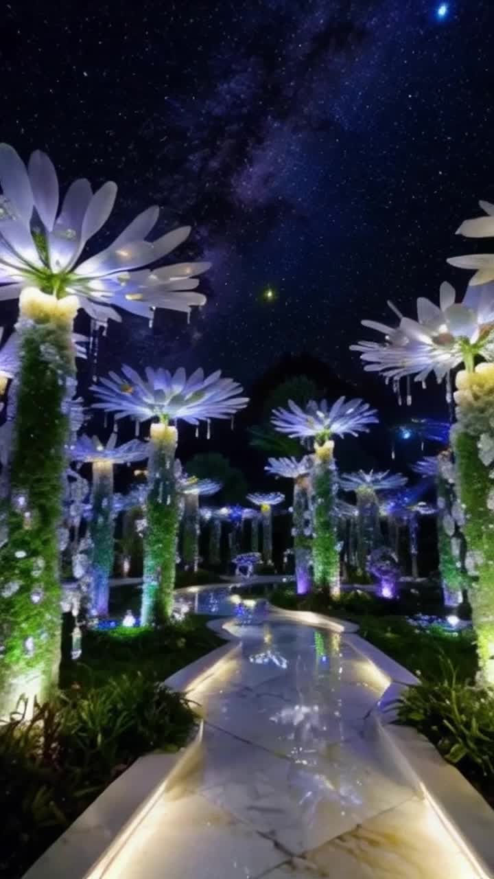 Moonlit mystical garden aglow with towering moonflowers showcasing iridescent petals stretching gracefully under starry canopy Delicate dewdrops suspended like bioluminescent orbs casting golden glimmers across lush velvet foliage and elegant marble pathways Camera glides softly through mistcovered archways revealing intricate crystalembedded vines sparkling and shimmering water features dancing in gentle ethereal light