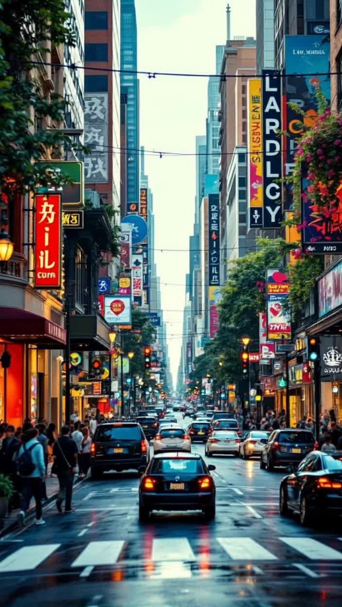 Multiple sleek dashcams fixed at various angles capturing vibrant city streets bustling with life zooming past colorful storefronts glistening under daylight showcasing dynamic movements of pedestrians and vehicles weaving through traffic vibrant colors blinking from traffic lights Action recording continuous highspeed footage providing a thrilling viewpoint as unexpected moments unfold Background urban landscape alive with rich details vibrant billboards towering skyscrapers dotted greenery graffiti art splashes on walls adding an energetic urban vibe