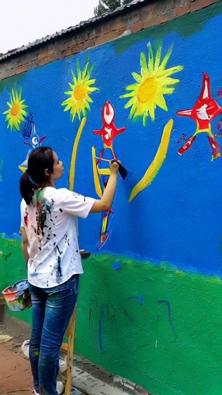 A woman with paint-splattered clothes focuses intently on a vibrant mural filled with symbols of strength and hope Spectators gather around her captivated by every stroke of her brush Each flick releases bursts of color illuminating her inner turmoil as she conquers insecurity Bright sunlight bathes the scene casting playful shadows while urban sounds of bustling city life harmonize with her artistic journey An air of anticipation fills the atmosphere as onlookers feel the transformative power of creativity unfold before their eyes