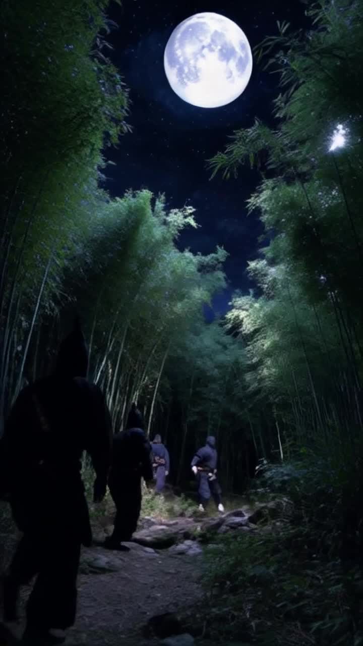 Shadow-cloaked ninjas gliding through midnight air executing flawless leaps with precision strikes silhouetted against a moonlit sky surrounded by dense ancient bamboo forest whispering secrets of tranquility shadows dancing as they move stealthily like phantoms beneath a canopy of stars displaying agility with effortless grace as hushed winds echo their silent presence
