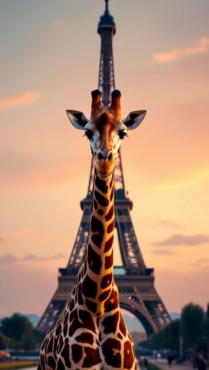 Giraffe standing in front of Eiffel tower 